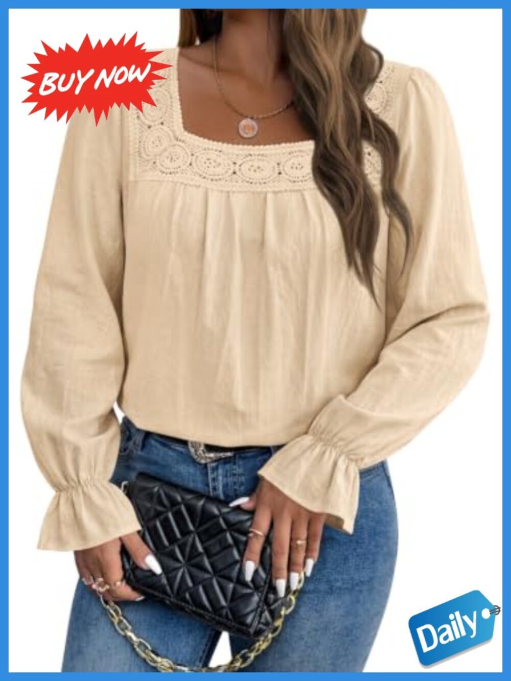 Women's Boho Eyelet Lace Square Neck Blouse Long Sleeve Puff Sleeve Top